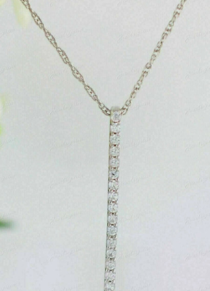 1Ct Round Cut Diamond Vertical Bar Pendant Necklace 14K White Gold Finish