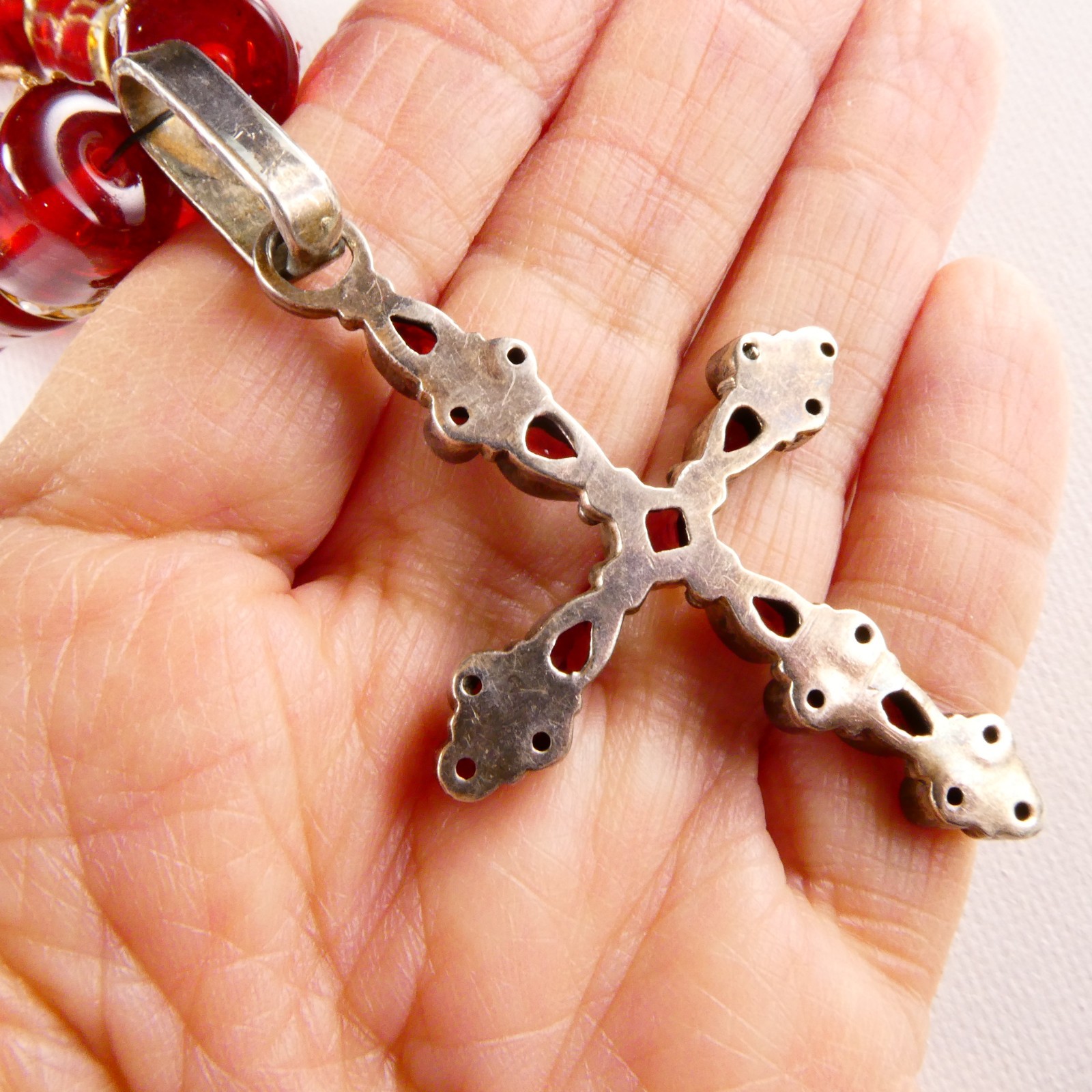 Sterling Silver Garnet Cross Pendant Necklace Red Glass Barrel Beads Crystals