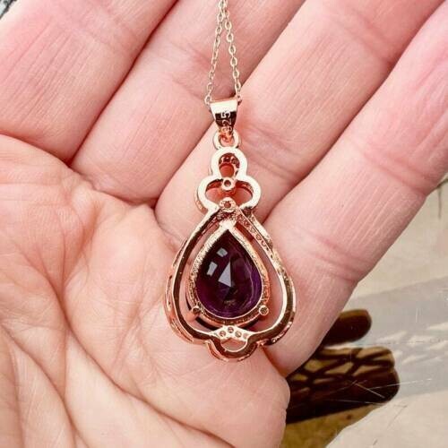 5Ct Pear Cut Amethyst Diamond Teardrop Pendant 14K Rose Gold Finish Free Chain