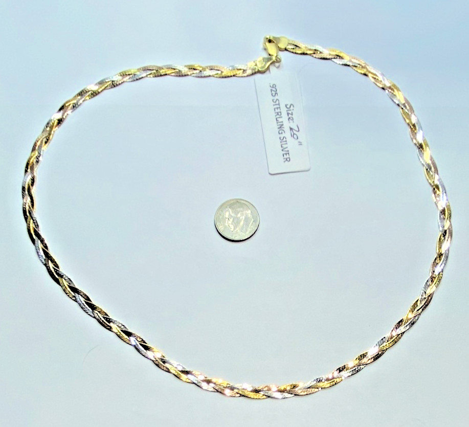 22K Gold over Sterling Silver AGI Signed Tri-Color Braided Necklace, 20″, 11.2g