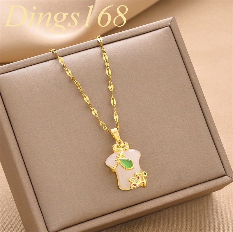 18K Yellow Gold Filled Nickel-Free 20x15mm Jade Cheongsam Pendant Chain Necklace