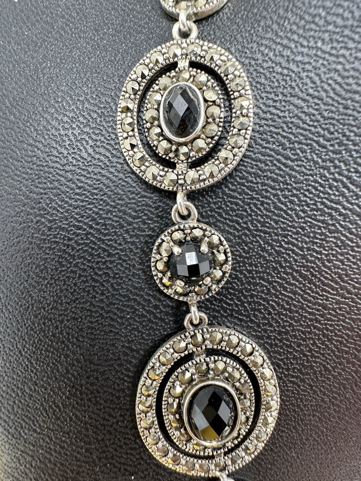 Sterling Silver Onyx & Marcasite Y-Drop Choker Necklace Modern Elegant 47g 17”+