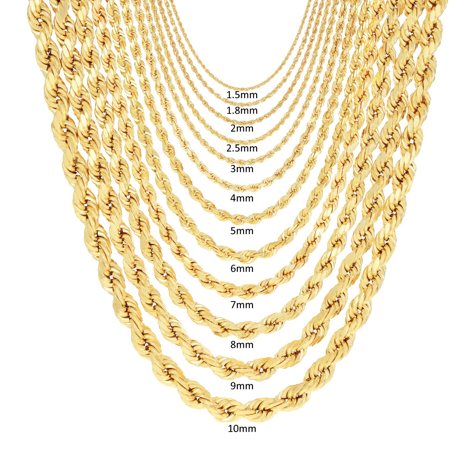 14K Yellow Gold 1mm-10mm Diamond Cut Rope Chain Necklace Mens Women 18″- 28″