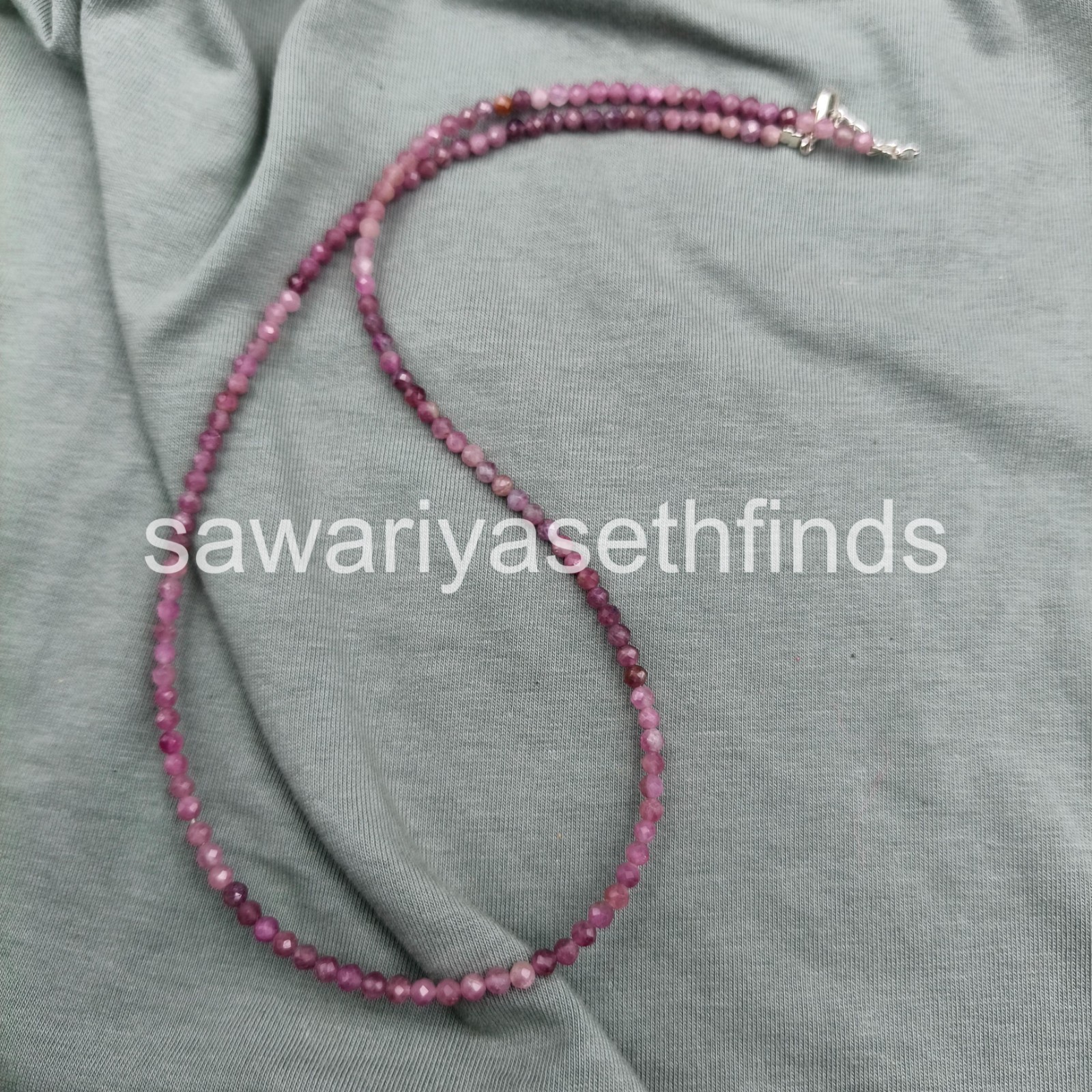 Pink Tourmaline Faceted Beaded Necklace, 3mm Round Beads, Sterling Silver Clasp