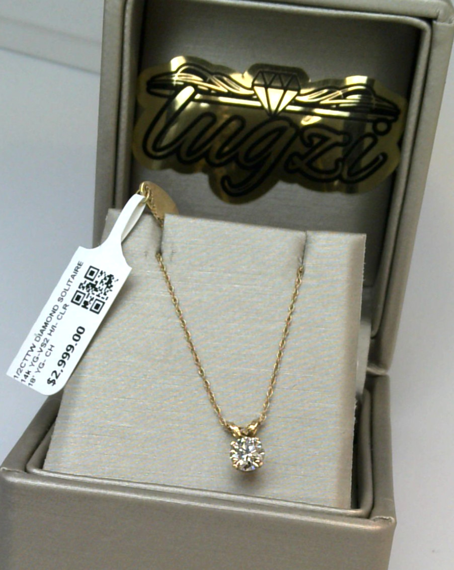 $3000 REAL GENUINE Diamond SOLITAIRE PENDANT NECKLACE 14k yellow Gold SOLID! 18′
