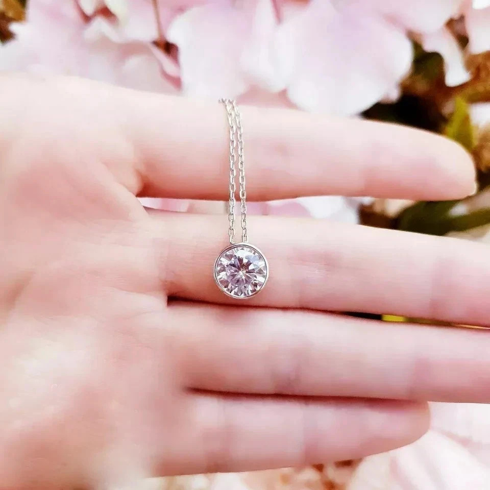 1.00Ct Round Cut Moissanite Bezel Set Pendant 14K White Gold Finish Free Chain