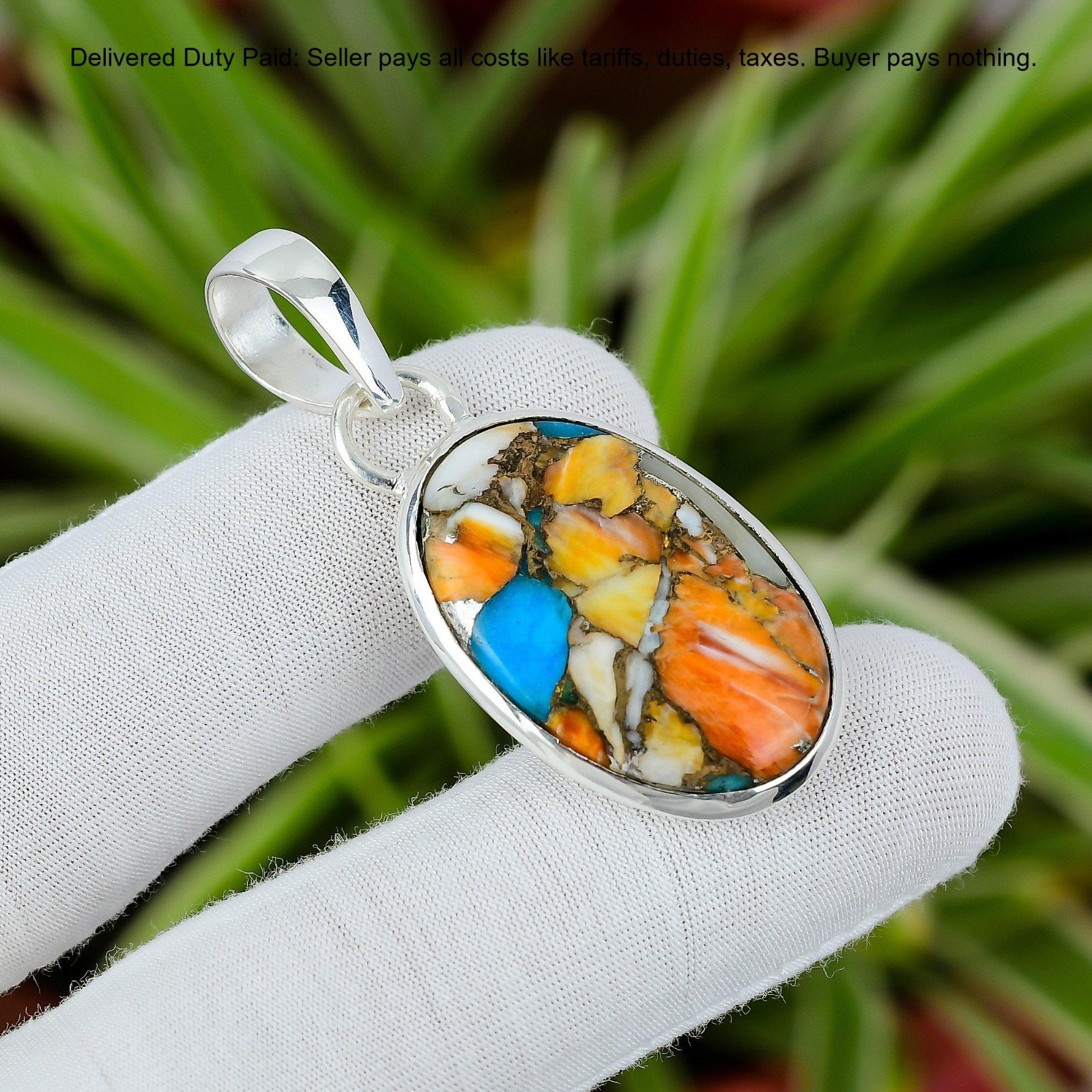 925 Silver Spiny Oyster Copper Turquoise Gemstone Bezel Boho New Pendant Jewelry