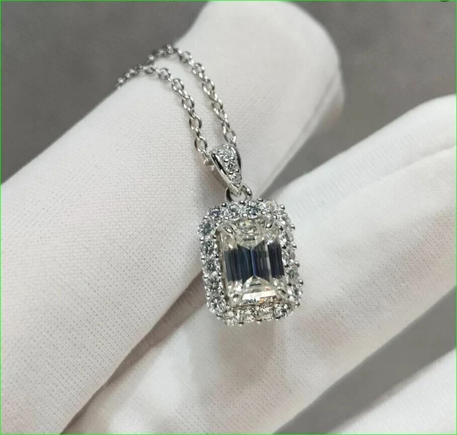 2.00Ct Lab Created Diamond Emerald Halo Pendant 14K White Gold Plated Free Chain