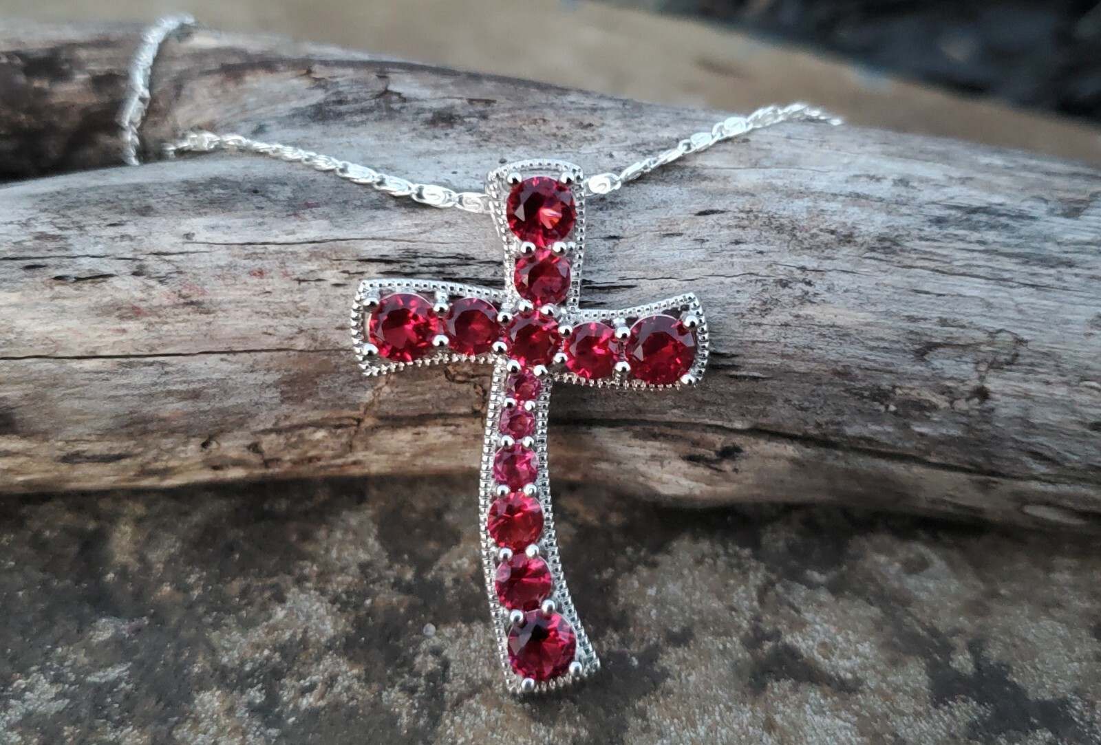 Sterling Silver 925 Raspberry Rhodolite Garnet Cross Pendant Chain Necklace NEW