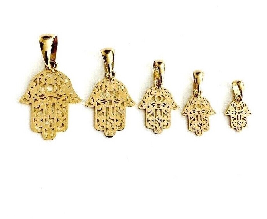 14K Solid Gold Hamsa Hand, 14k Real Solid Gold Fatima Hand Charm Pendant- T042