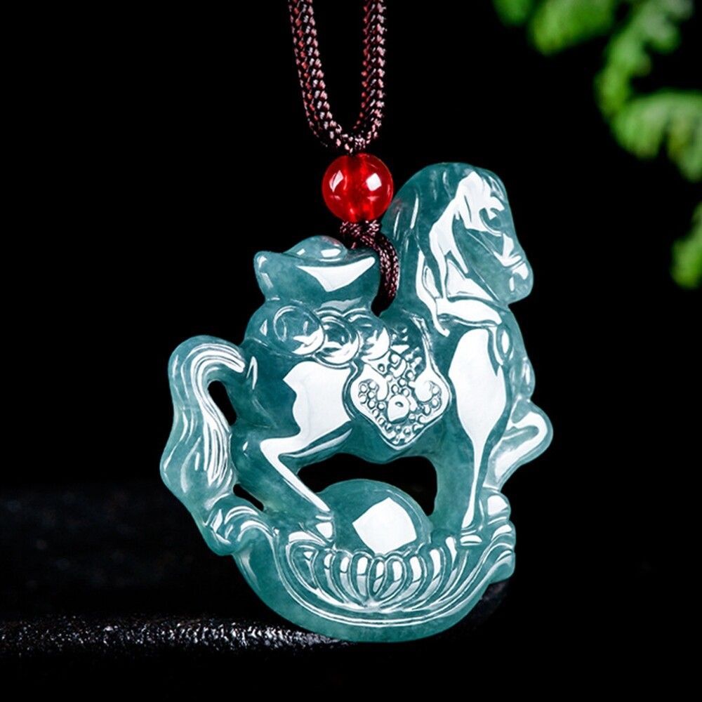 Grade A Natural Green Jade jadeite Zodiac Horse Lucky Pendant Necklace Certified