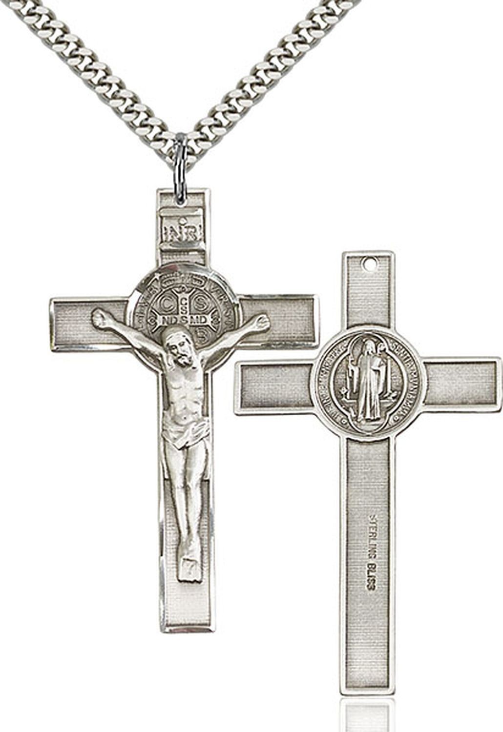 Sterling Silver Saint Benedict Crucifix Medal Pendant Necklace 24″ Chain Gift