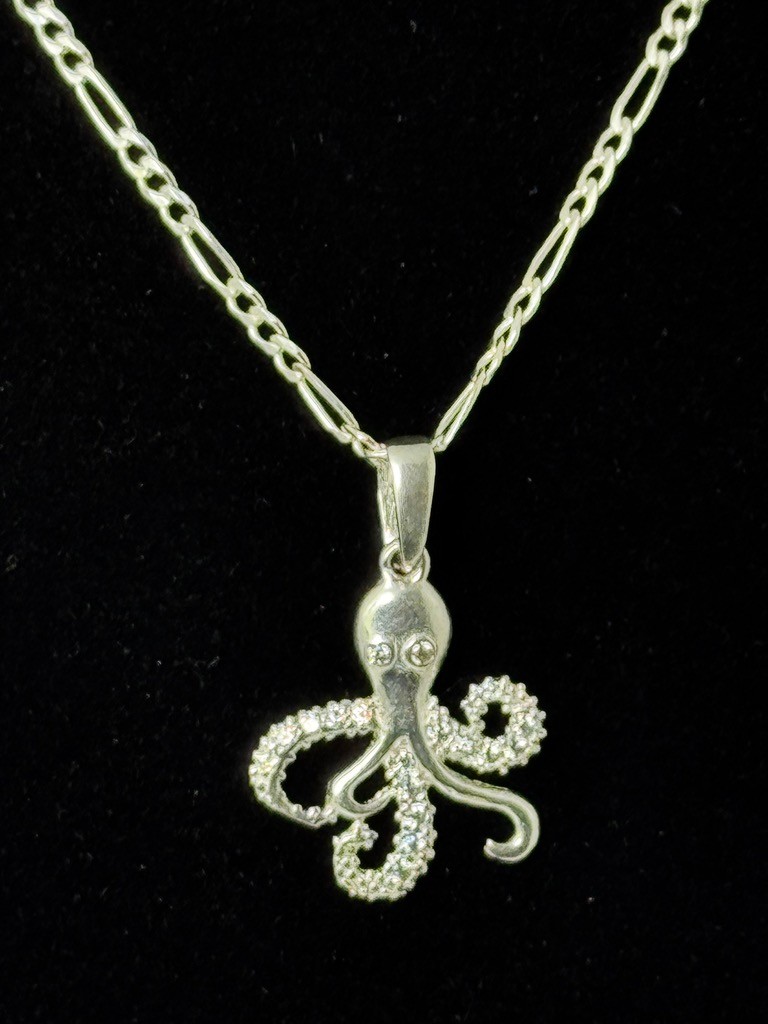 Sterling Silver Octopus Pendant Necklace 23 Inch Figaro Chain 925 CZ Accents
