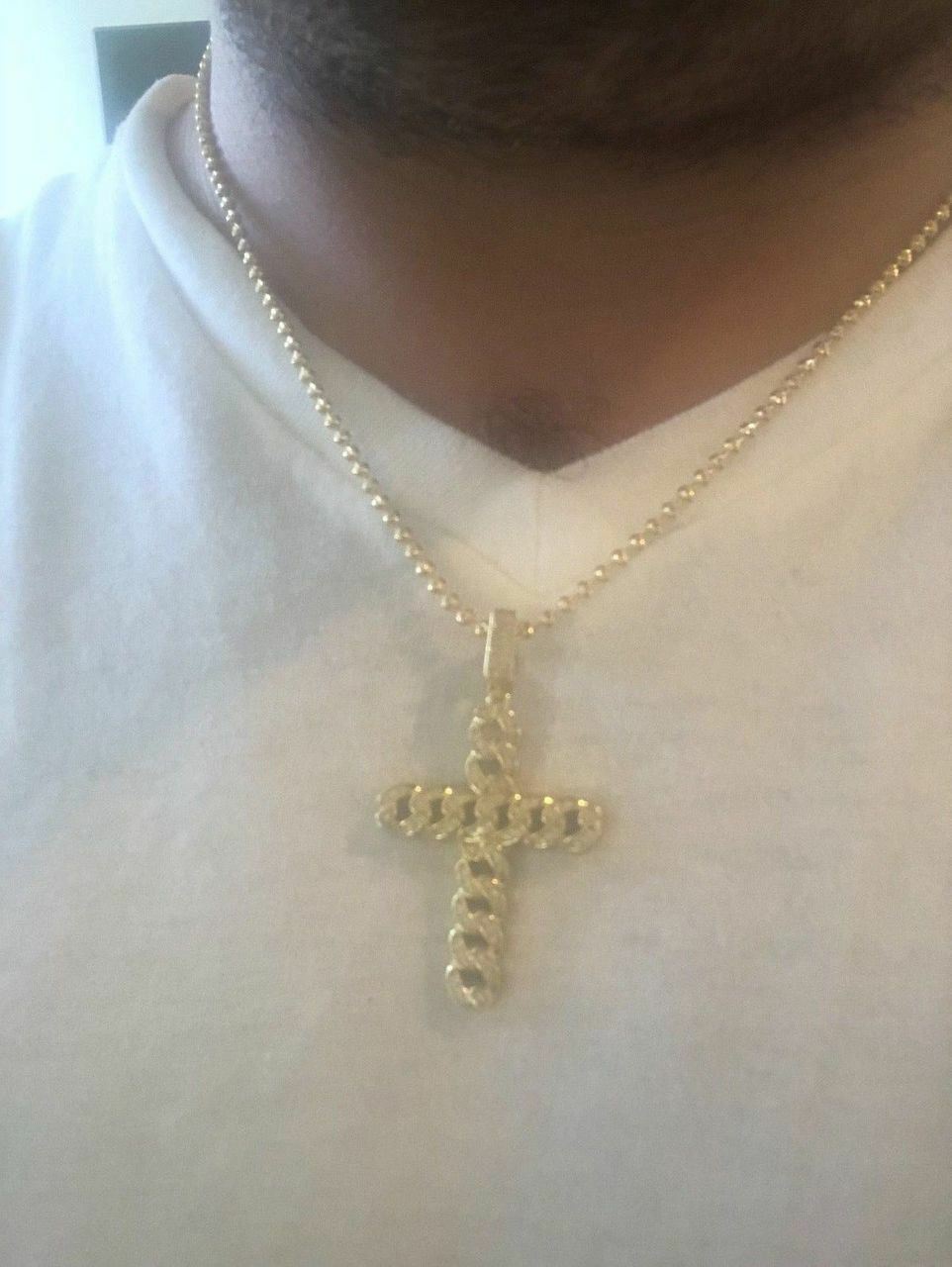 Cuban Link Cross Pendant W. Chain Sterling Silver 925 *14k Gold Plated* CZ