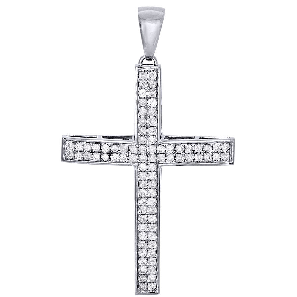 10K White Gold Mens Round Diamond Domed Cross Pendant 2.80″ Pave Set Charm 3 Ct.