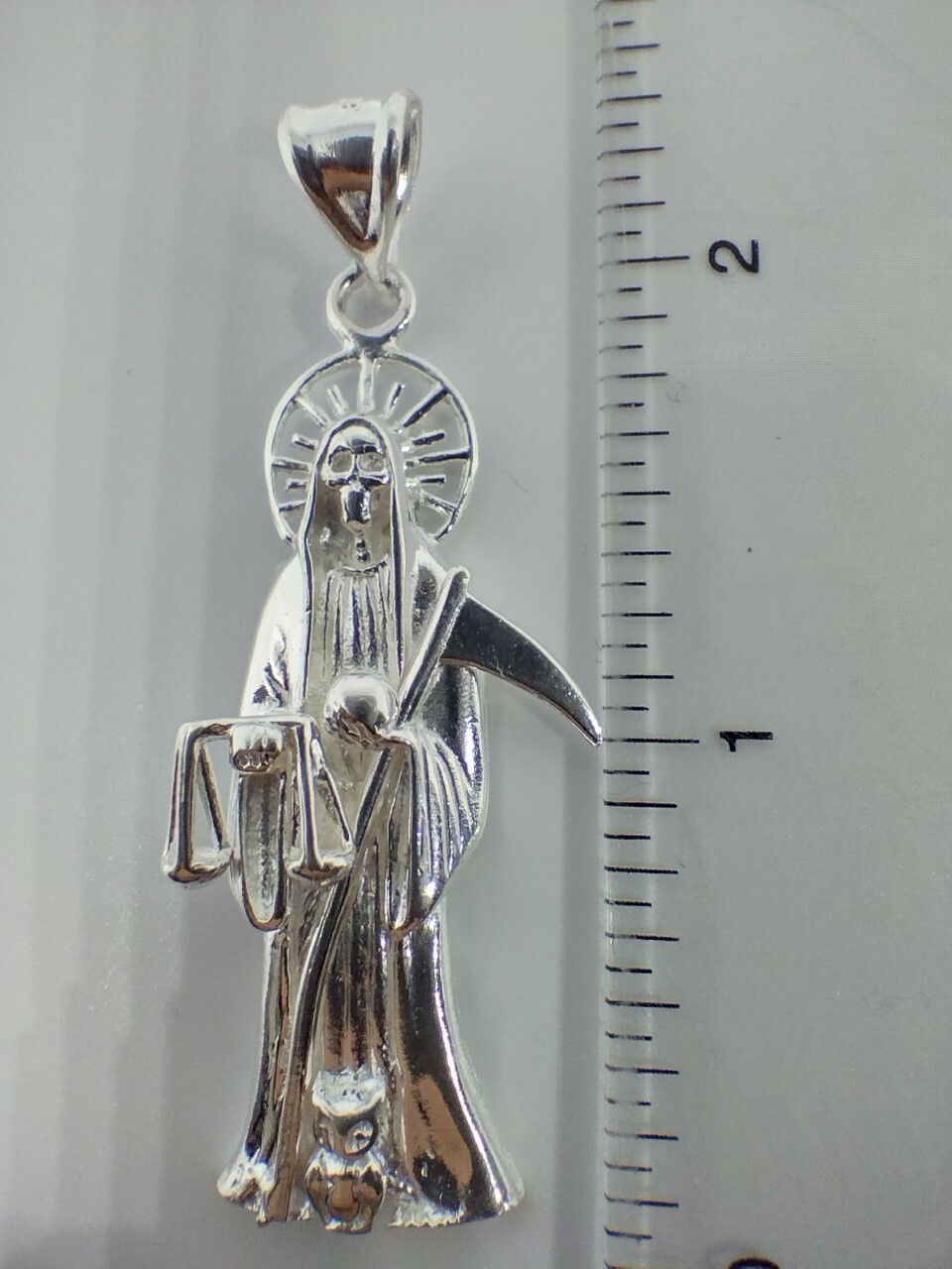 Sterling Silver Grim Reaper pendant Dije de la Santa Muerte en Plata REAL 925 3″