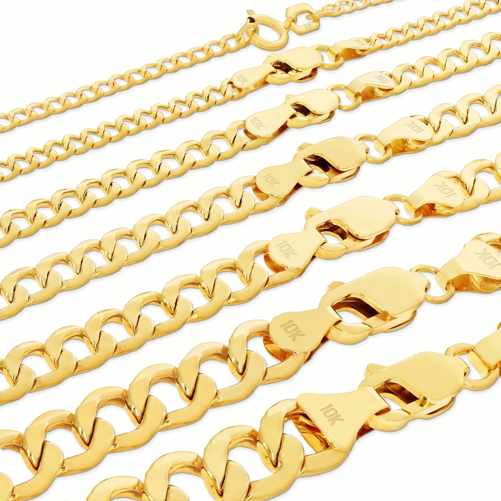 10K Yellow Gold 2mm-7.5mm Curb Cuban Chain Link Necklace or Bracelet 7″-30″