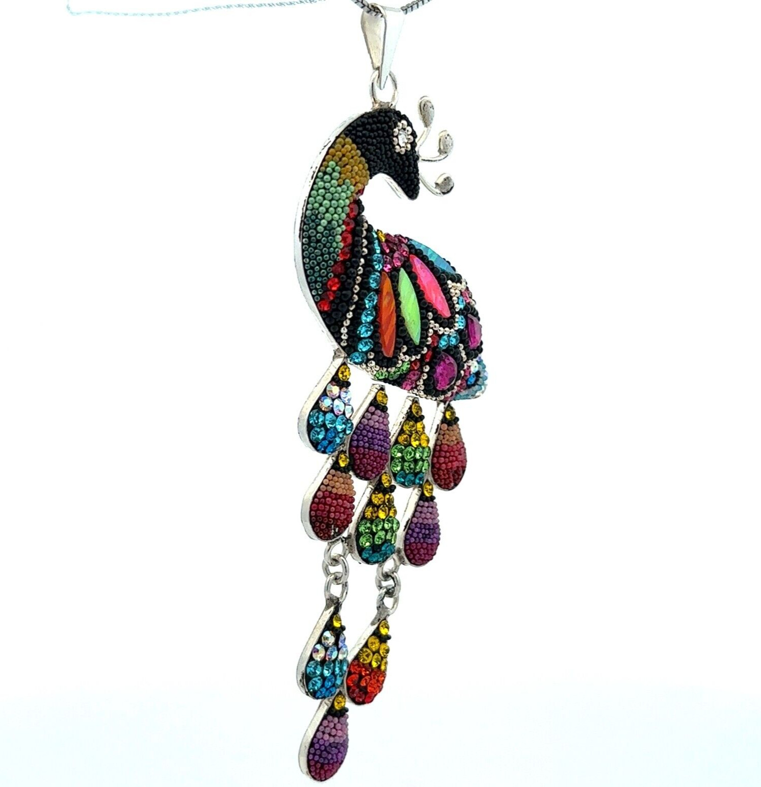 Sterling Silver Peacock Necklace With Austrian Crystal (1 1/2 x3 1/2 Inch)