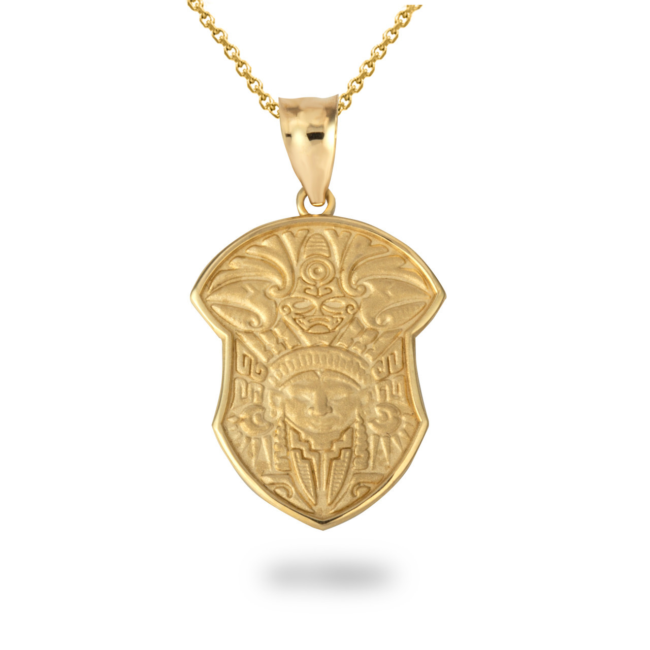 Solid Gold Aztec Tribe Shield Pendant Necklace (Available in Yellow/Rose/White)
