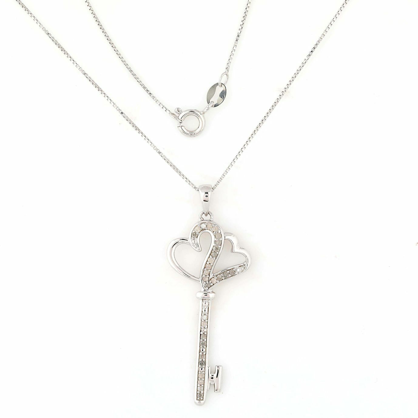 Key Heart Pendant in Sterling Silver 18″ Box Chain with 1/5 CTTW Diamond