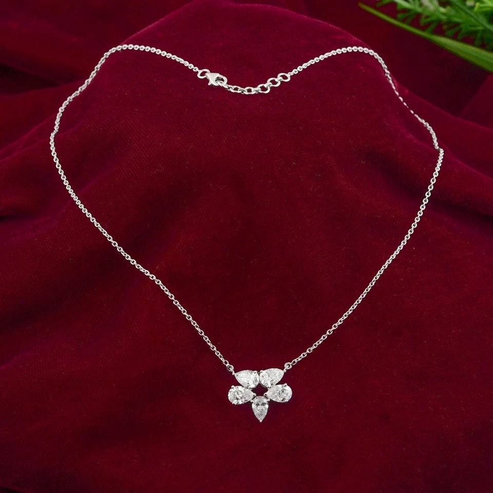 14K White Gold Pear-Cut Natural Certified Diamond Women Perfect Cluster Pendant