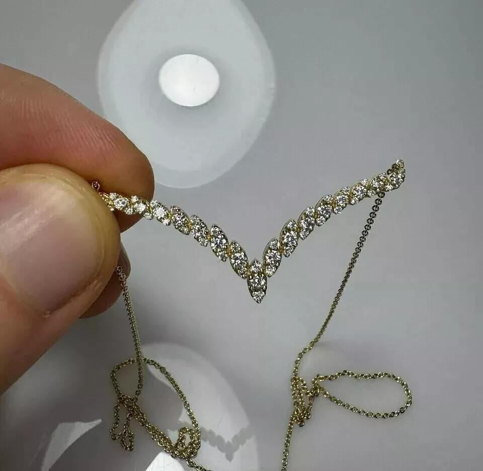 1.80Ct Round Cut Real Moissanite 14K Yellow Gold Plated V Shape Women’s Necklace