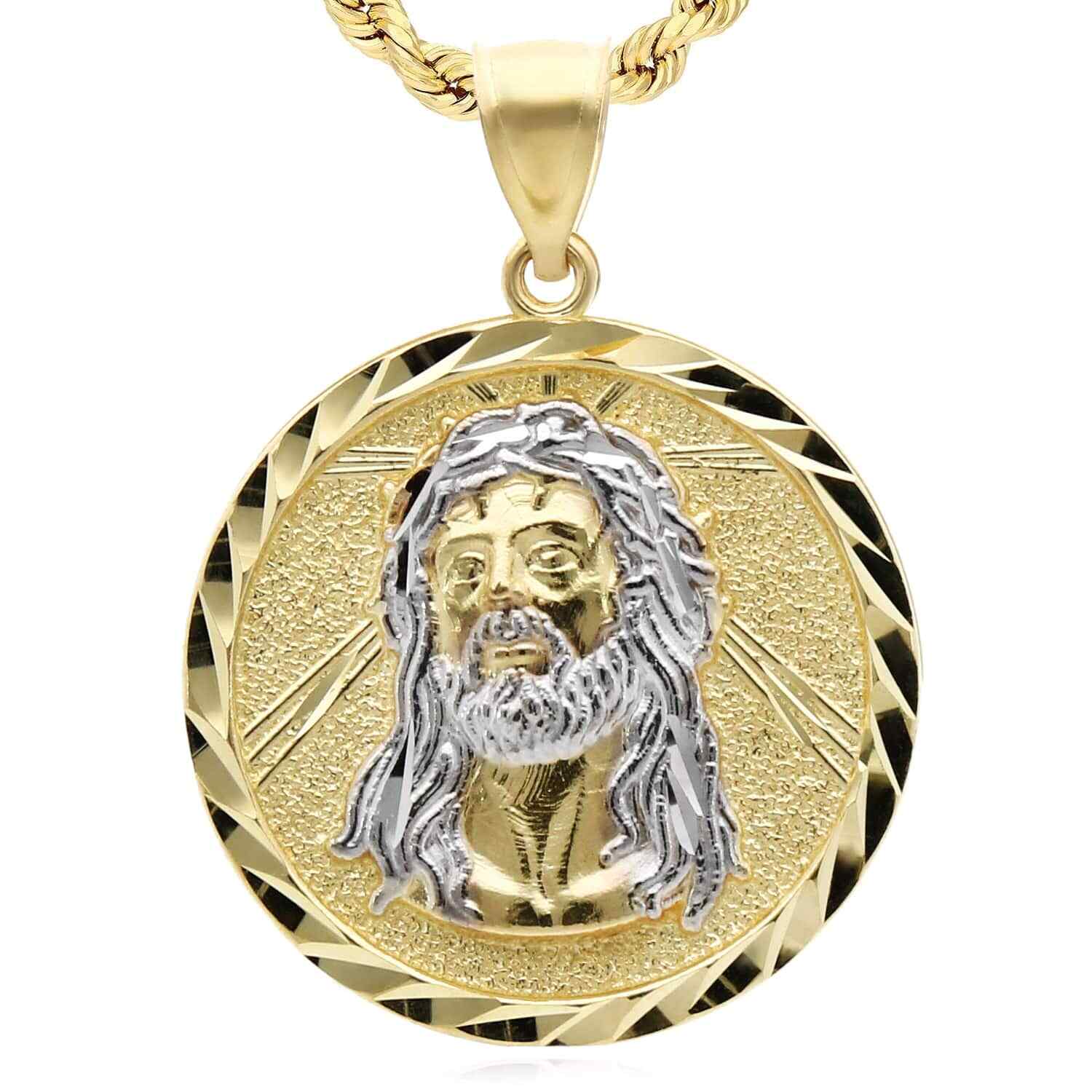 10K Real Gold Two-Tone Yellow White Textured Jesus Pendant 1.4″