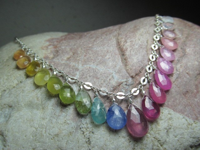 A+ Sri Lanka RAINBOW SAPPHIRE faceted briolette beads Sterling Silver Necklace