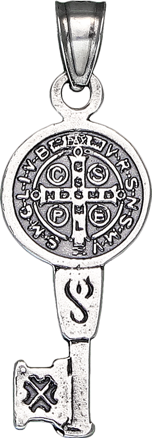 Sterling Silver Saint Benedict Key Medal Reversible Charm Pendant Necklace