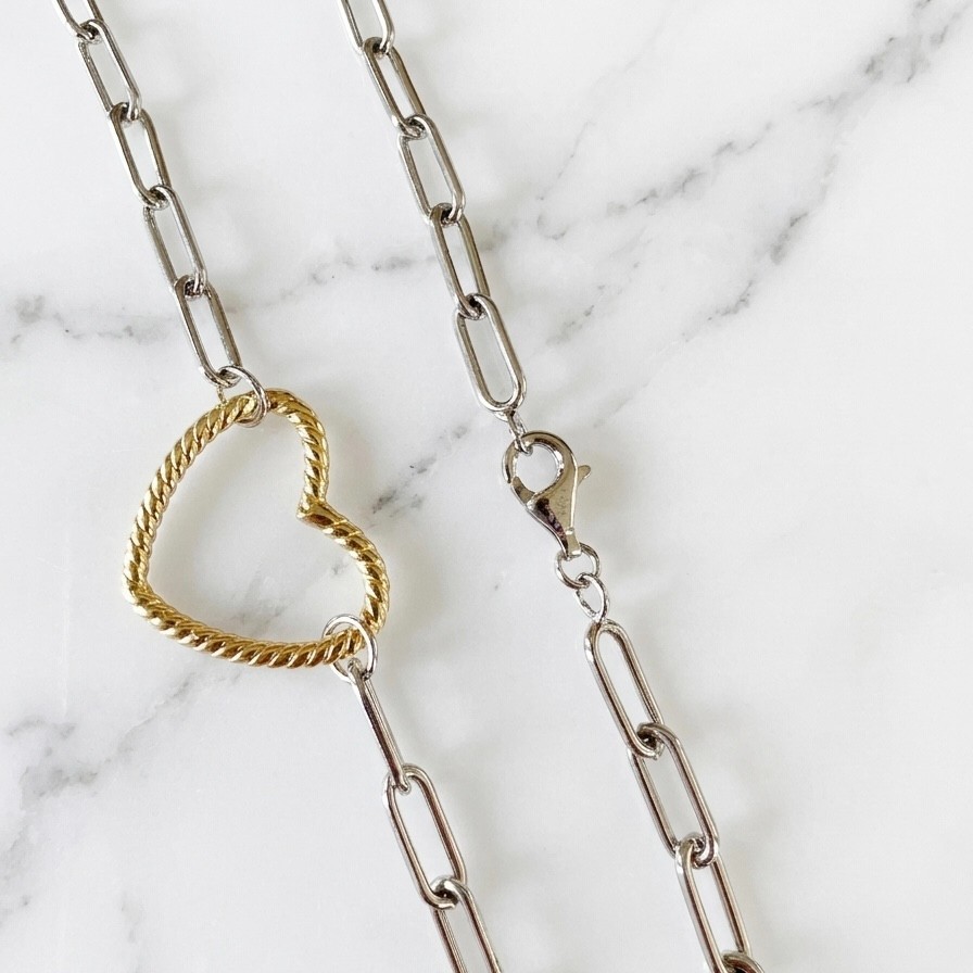 Paper Clip Oval Link Chain Heart Necklace 14K Two-Tone Gold Plated 925 Silver