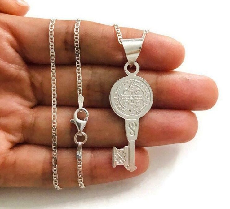 925 Sterling Silver Saint Benedict Key Necklace 22″/Cadena San Benito llave- P63