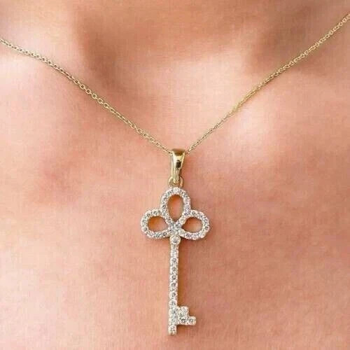 2Ct Round Cut Lab Created Diamond Solitaire Key Pendant 14K Yellow Gold Plated