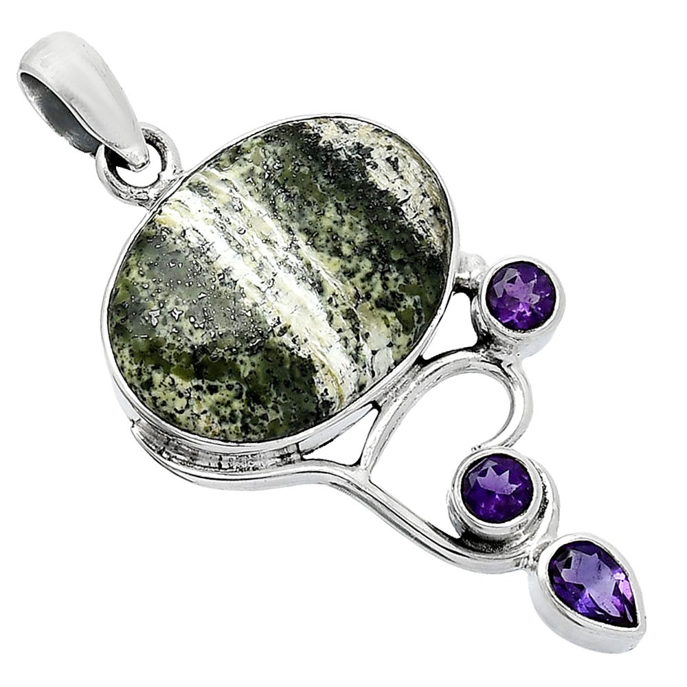 Natural Chrysotile & Amethyst 925 Sterling Silver Pendant Jewelry P-1293