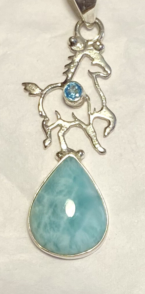 Lovely Larimar & Blue Topaz Horse Pendant 2” 925 Sterling Silver🌹