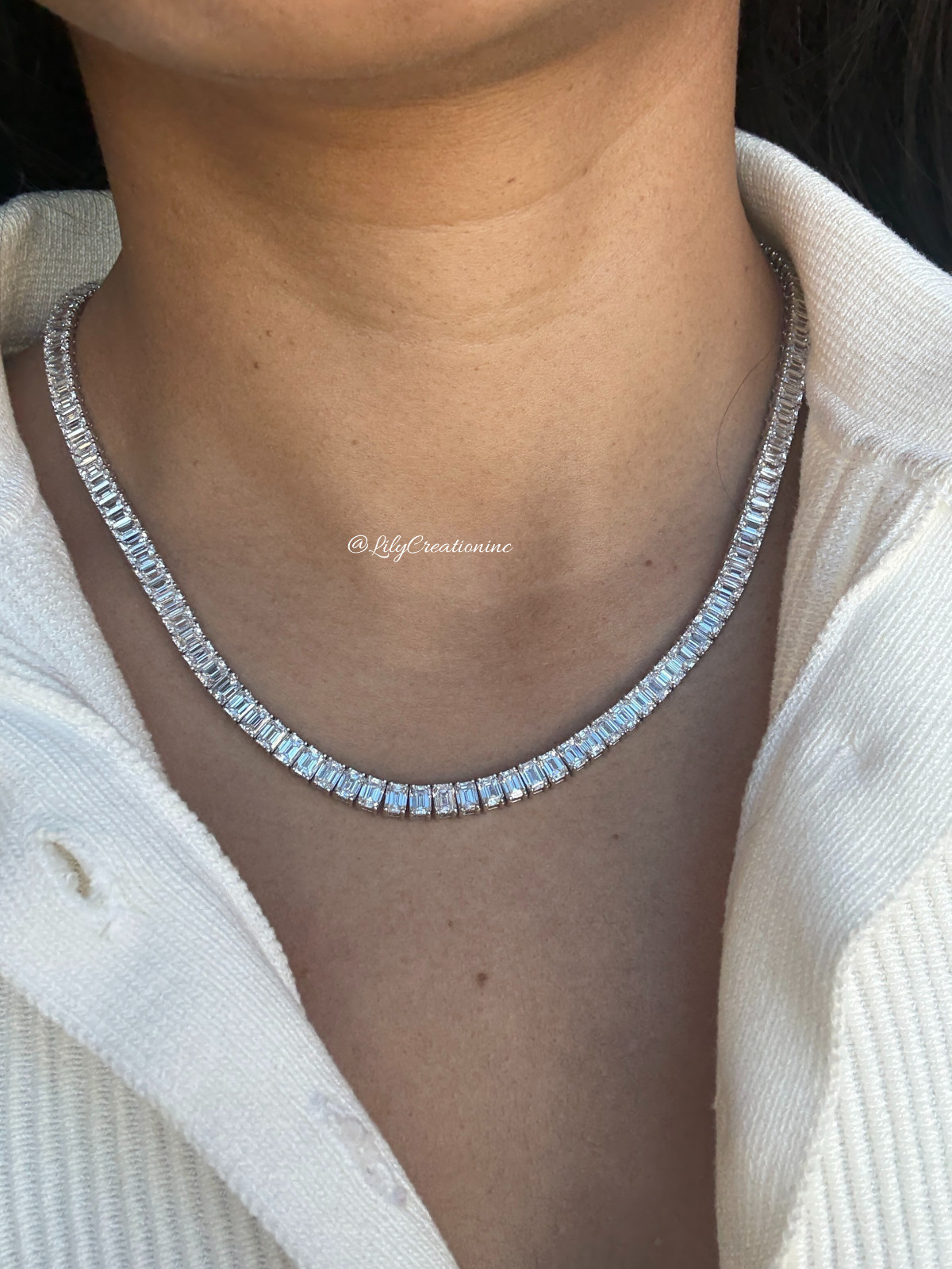 30 Ct Emerald Cut Lab Grown Diamond Tennis Necklace 15 Inch 14K Rose Gold