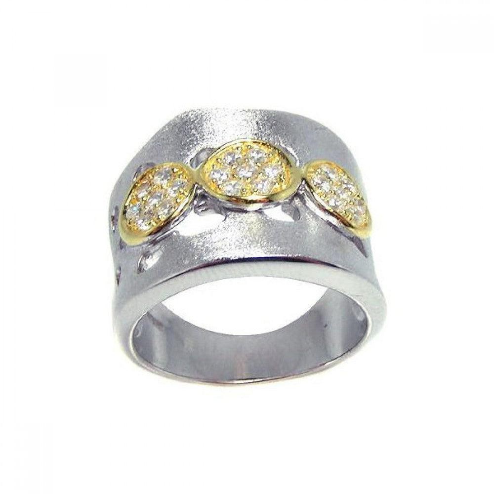 .925 Sterling Silver Rhodium and 3 Gold Plated Circle Matte Finish CZ Ring