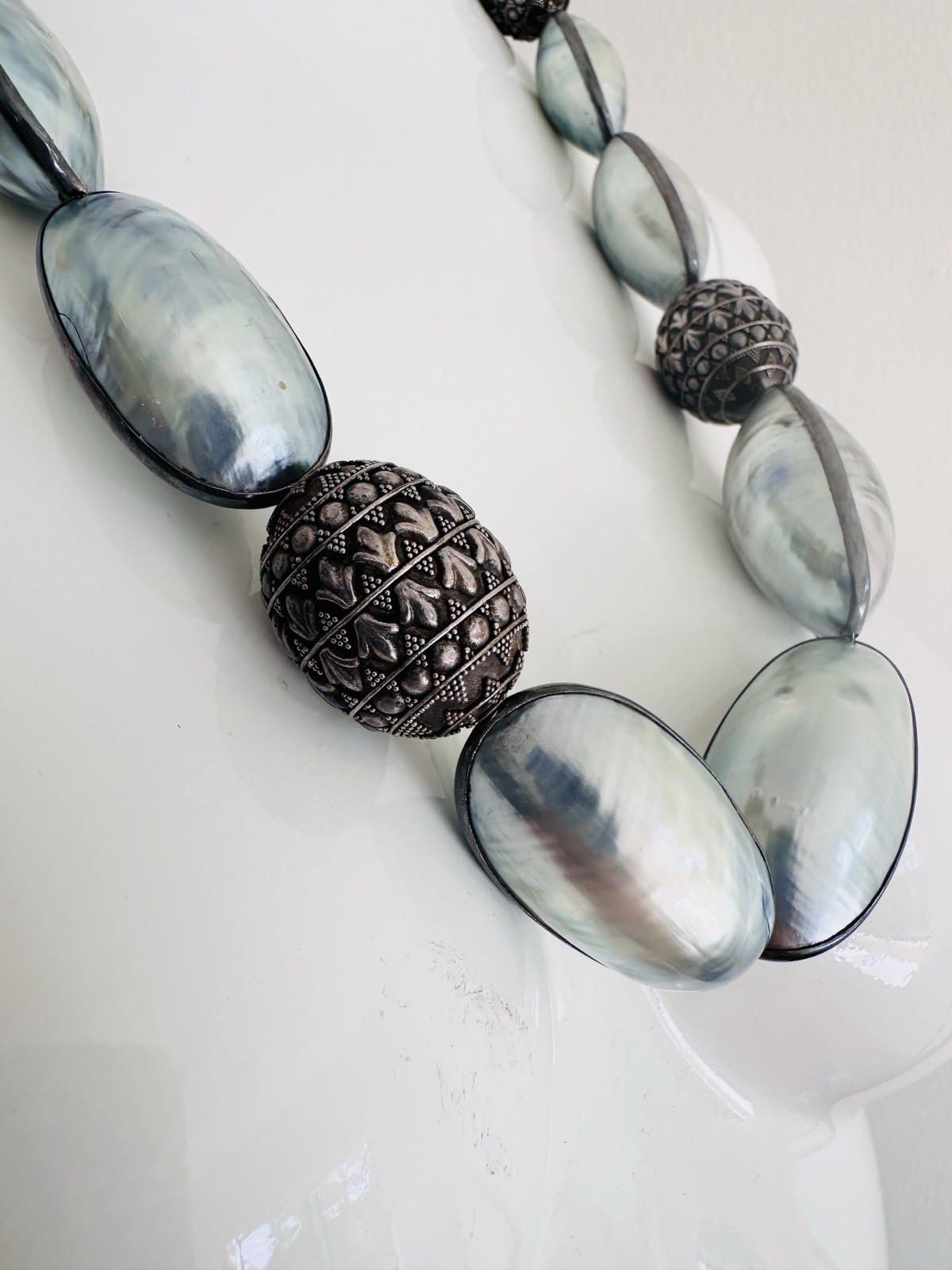Rare Nautilus Osmena Pearl Antique 925 Silver Necklace 70cm Blue-Gray Iridescent