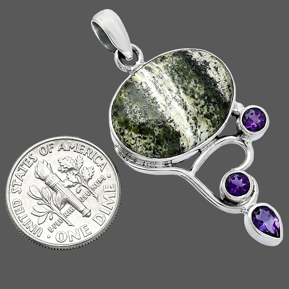 Natural Chrysotile & Amethyst 925 Sterling Silver Pendant Jewelry P-1293