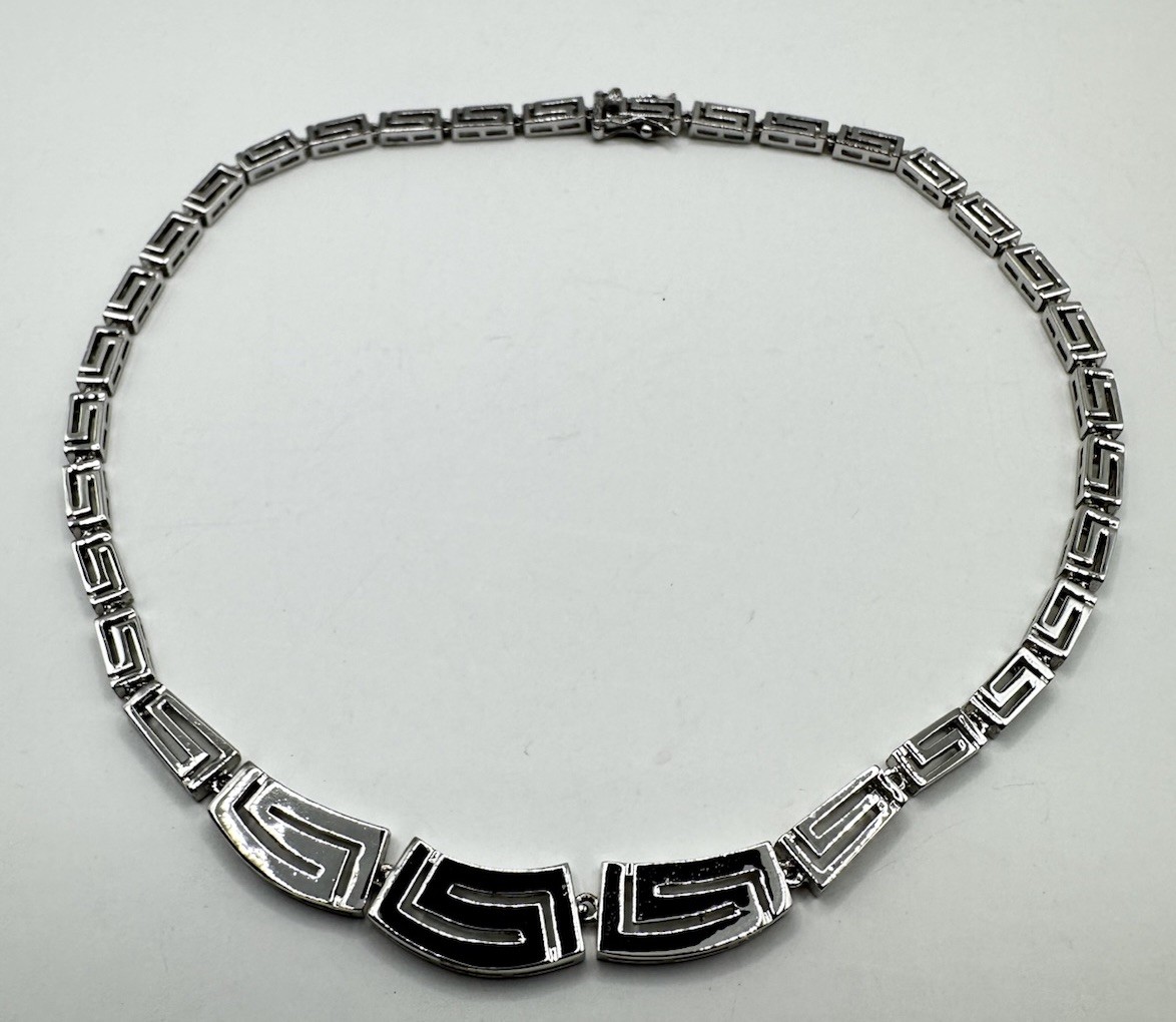 Solid Sterling Silver ATI 925 Tapered Greek Key Link Statement Necklace 16″ 34g