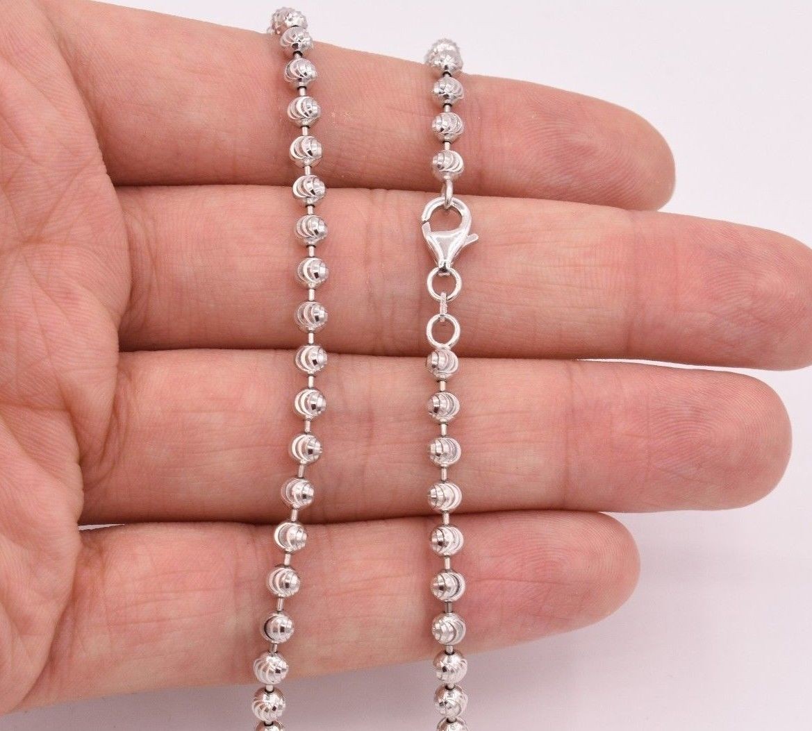 4mm Diamond Cut Moon Cut Ball Bead Chain Necklace Real Sterling Silver 925