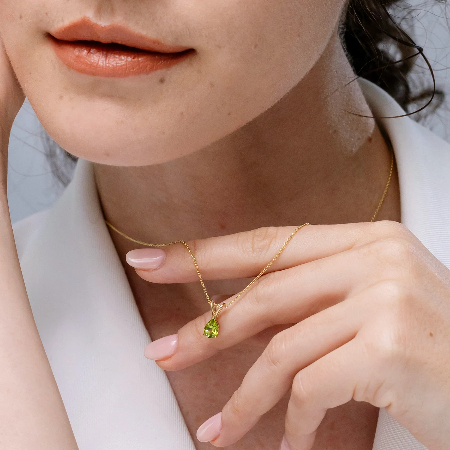Angara Natural V-Bale Pear-Shaped Peridot Solitaire Pendant Necklace in Silver