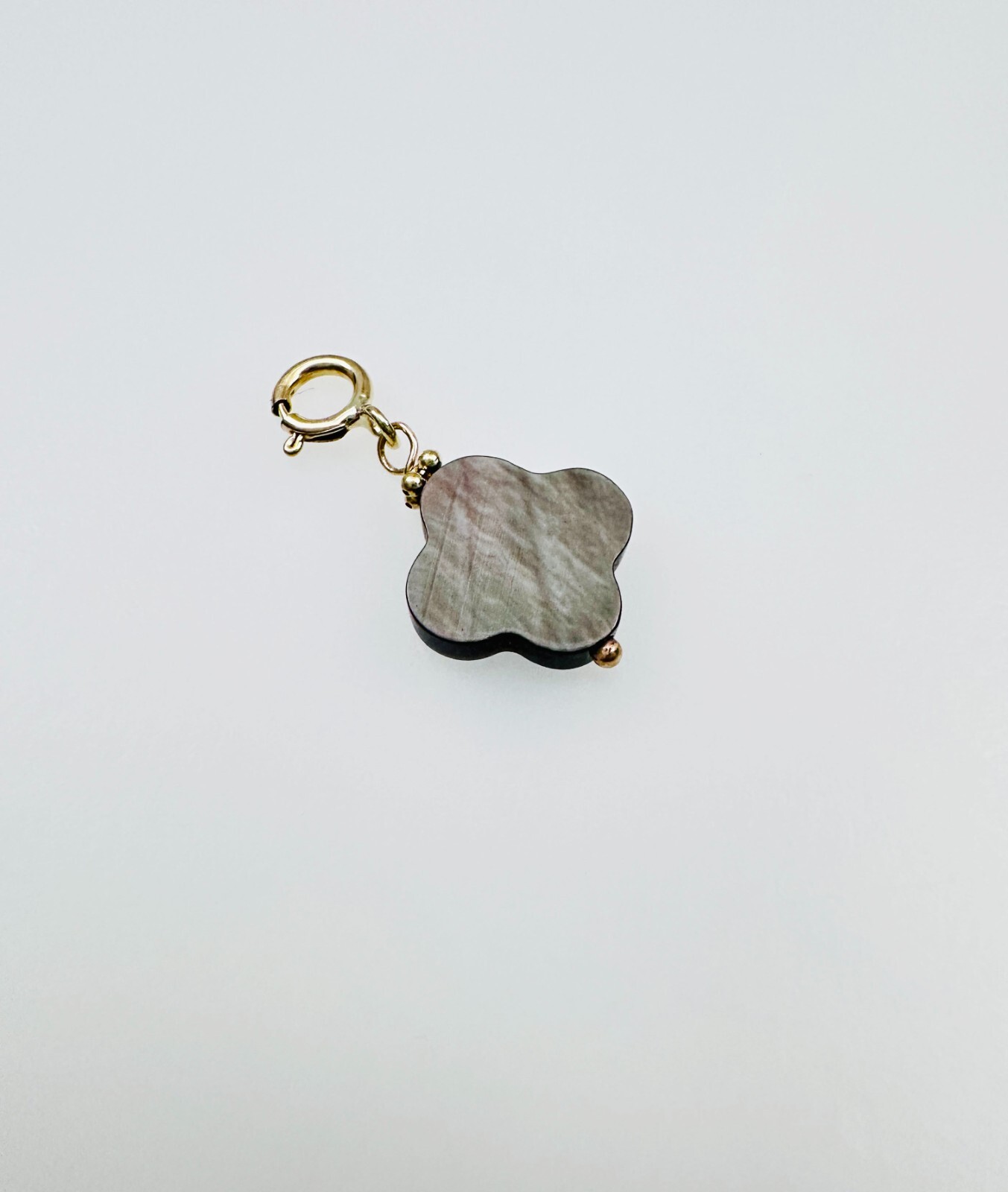 14K Solid Yellow Gold Black MOP Clover Flower Small Charm Pendant w/Spring Clasp