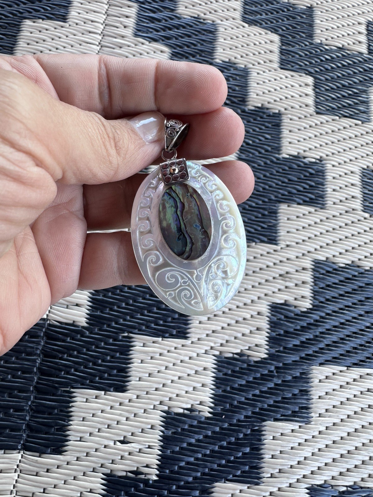 NIB Bali Designs by Robert Manse Abalone & Carved Mother Of Pearl Pendant