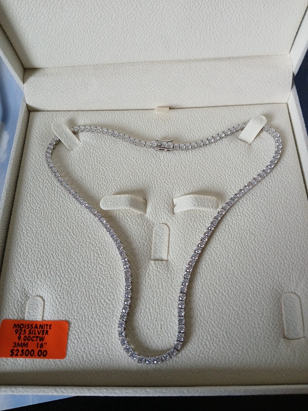 VVS D Color Moissanite Tennis Chain 16″ Rhodium Plated .925 St. Silv. 3mm W/box