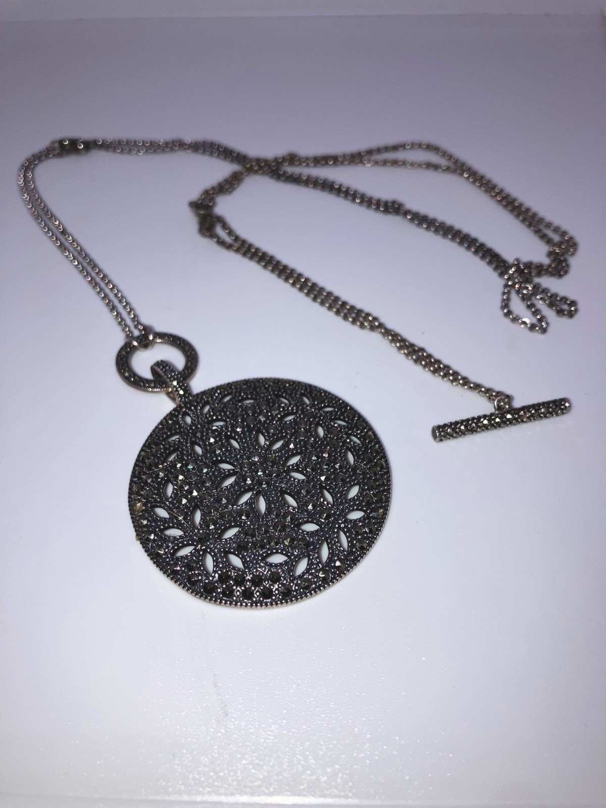 Vintage Judith Jack $285 Sterling Silver 925 Marcasite Dome Pendant Necklace 36”
