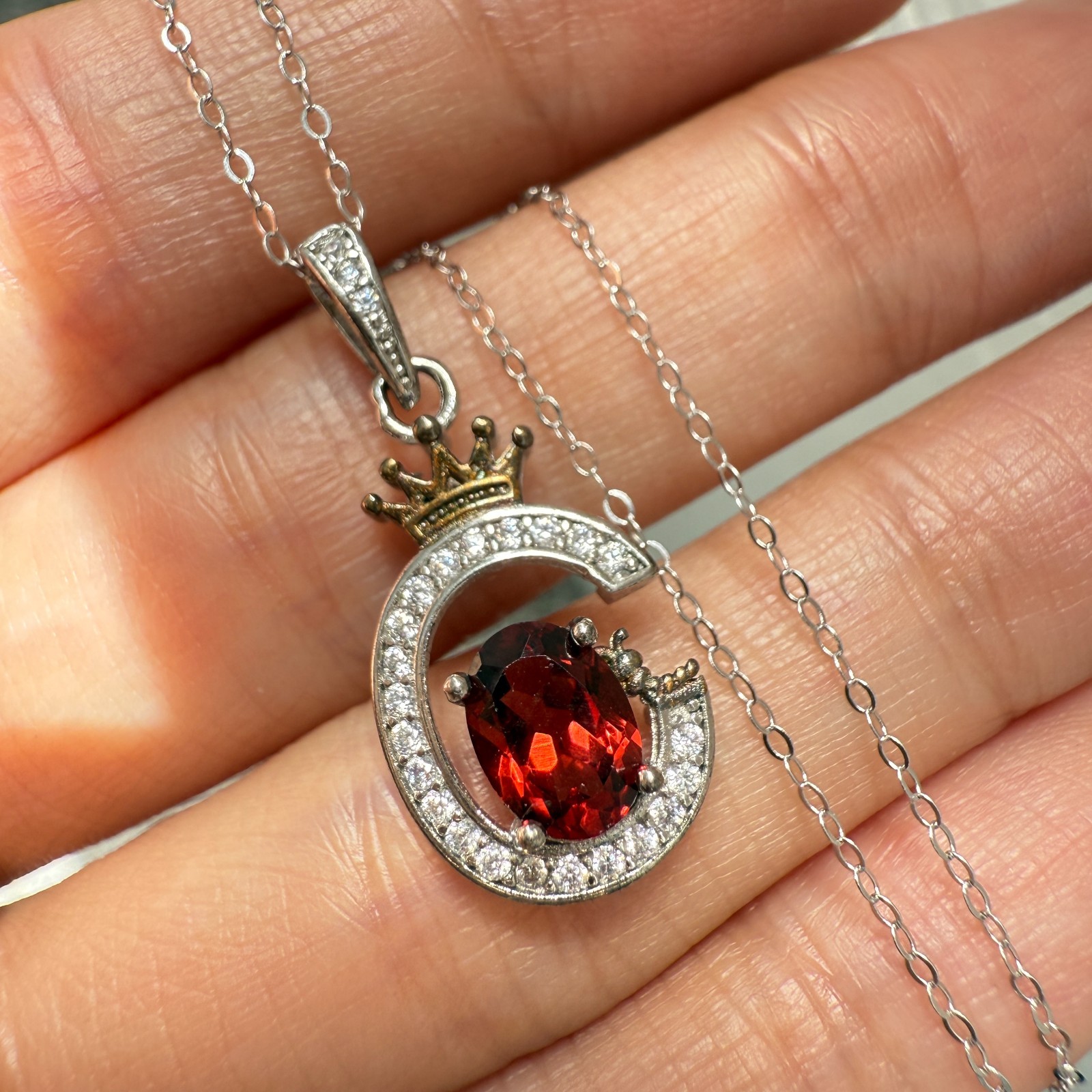 925 Sterling Silver Necklace 7x5mm Natural Garnet Zircon Crown Handmade Chain