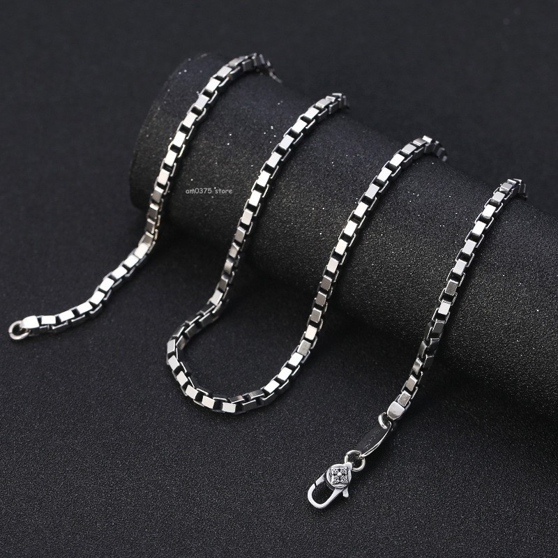 Real S925 Sterling Silver Necklace Women Men 4mm Box Link Chain 18-29.5inch