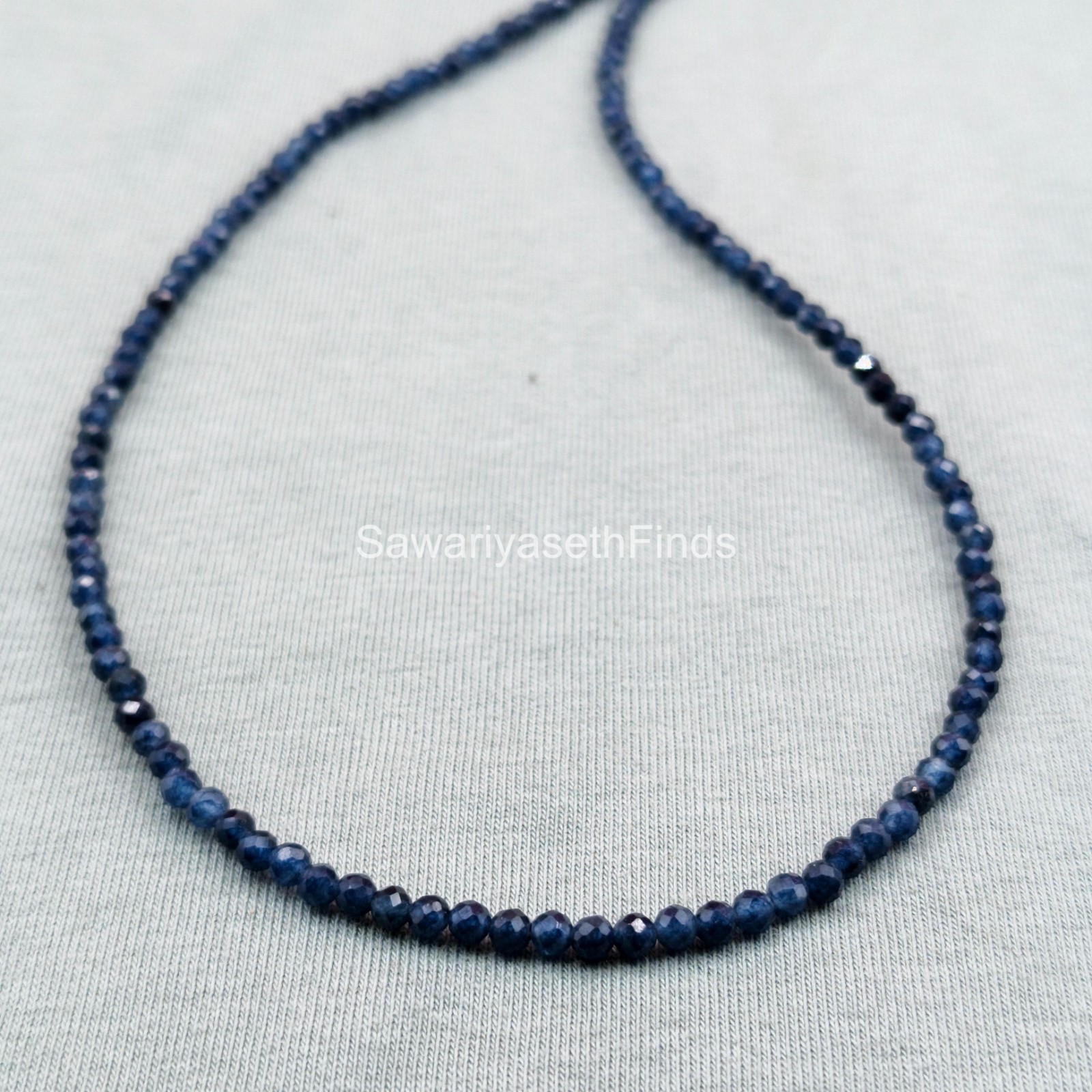 Handmade Blue Sapphire Micro Faceted Bead Necklace, Minimalist Gemstone Jewelry
