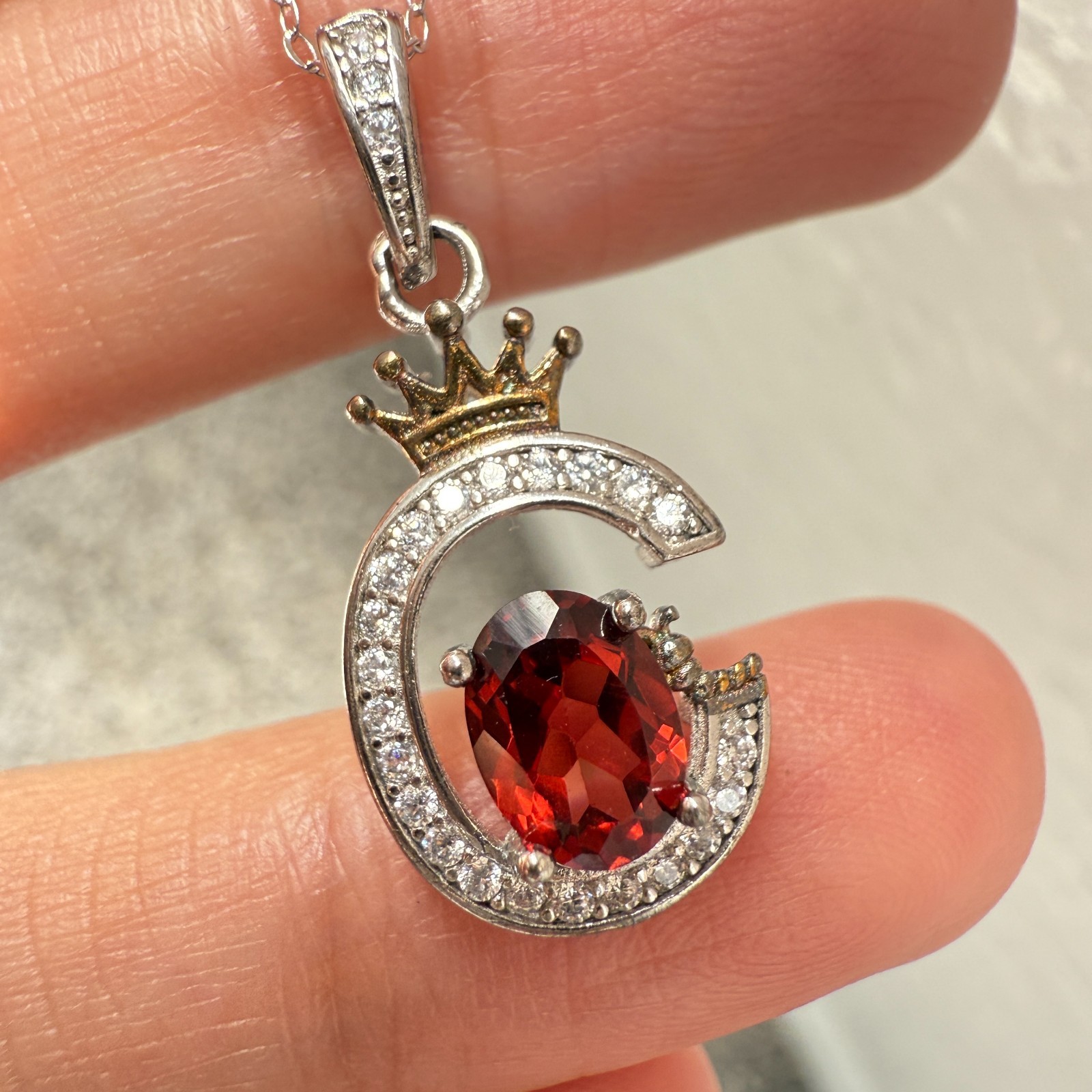 925 Sterling Silver Necklace 7x5mm Natural Garnet Zircon Crown Handmade Chain
