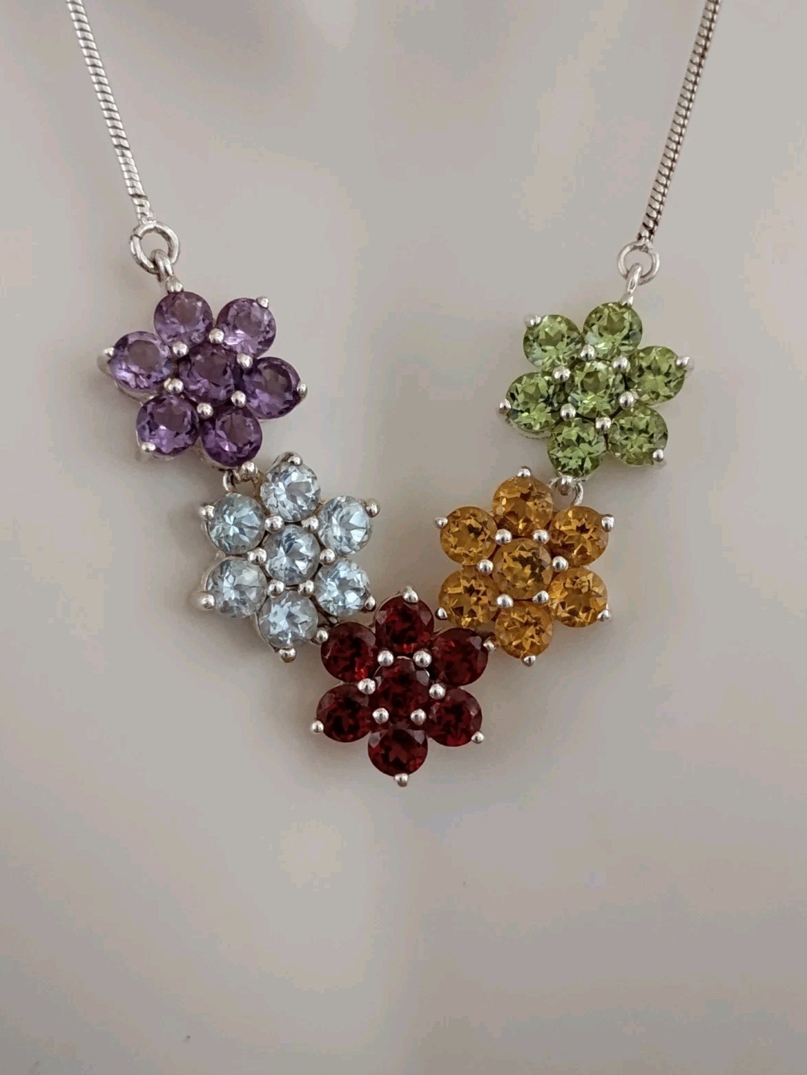 Thai Sterling Silver 925 Multi-Gem Floral Necklace Garnet Amethyst Topaz 20.5″